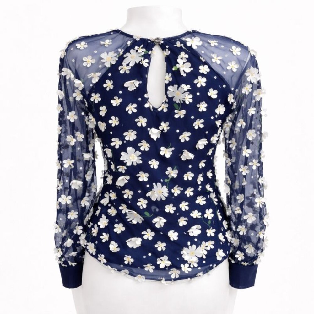 Eva Franco Sasha Toulouse Petal Daisy Sheer Blouse Navy XS NWT - Picture 4 of 5
